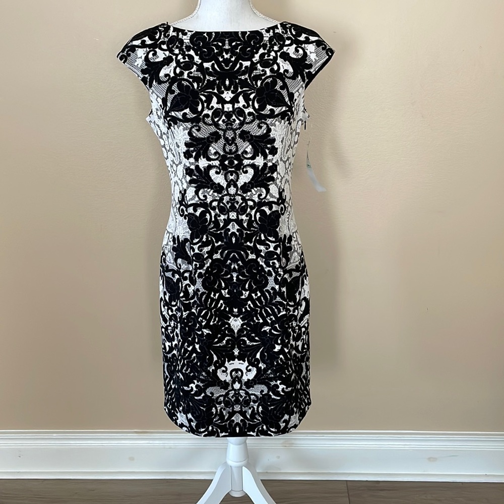 NWT London Times Sheath Dress Petite Demask Elegant Midi Cocktail Party